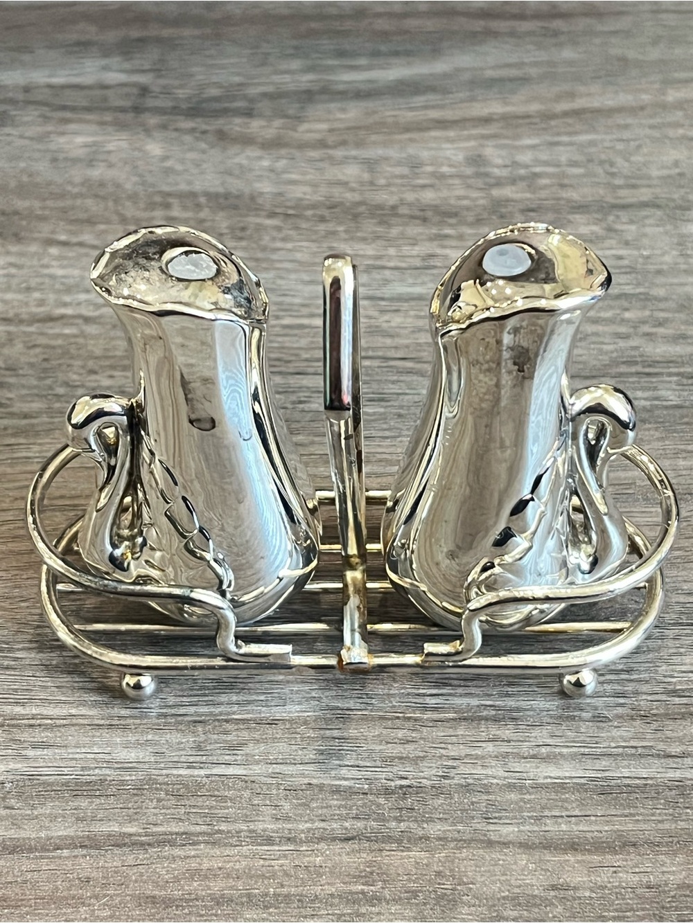 Vintage Studio Silver Plated Swans Salt and Pepper Shaker Set with Caddy